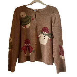 1990 Talbots Country Chic Brown Christmas Neutral Snowmen Snowman Cardigan Large